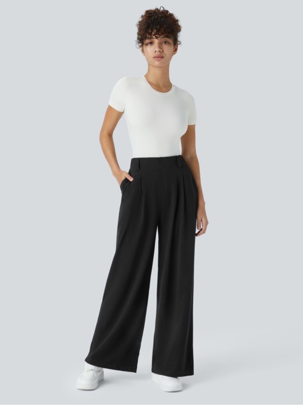 NWT Halara Flec High Rise Wide Leg Waffle Casual Pants with Pockets Large Black